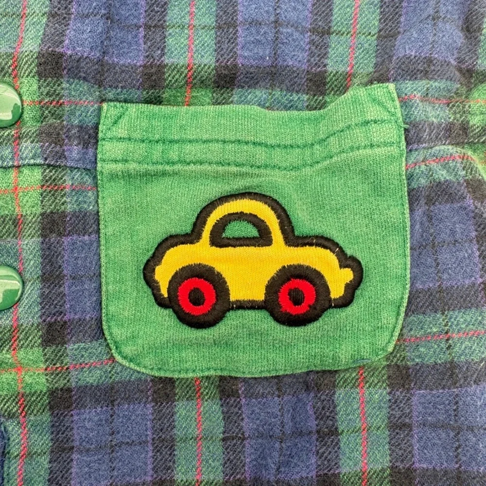 Vintage Gymboree Plaid Car Applique Romper Green Navy‎ Blue Infant 100% Cotton